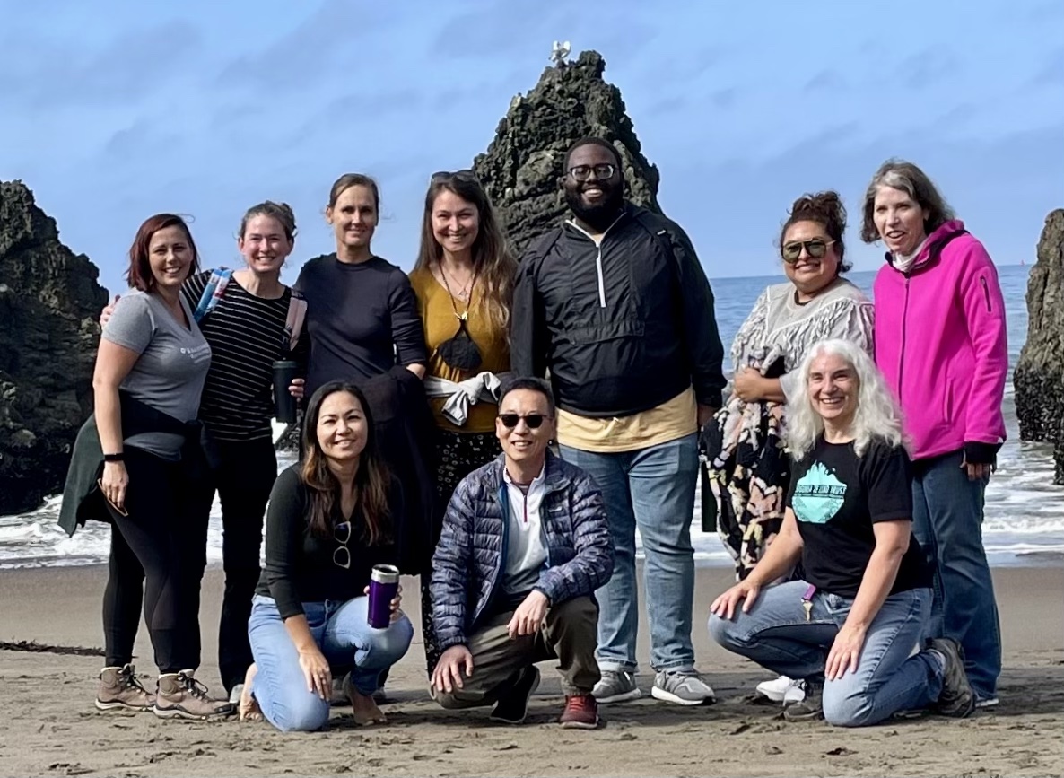 photo of faculty standing on a beach in front of large rocks and water