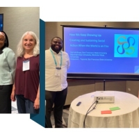 left side of photo with Filipino man, Black woman and white woman standing in front of screen and right side of photo Black man, white woman, and South Asian woman standing in front of screen