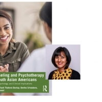 cover of book "Counseling and Psychotherapy for Asian Americans" picturing a smiling woman with brown skin and brown hair with a small photo of Ulash Thakore-Dunlap smiling with medium length brown hair, brown skin,  black cardigan sweater with yellow blouse and black polka dots